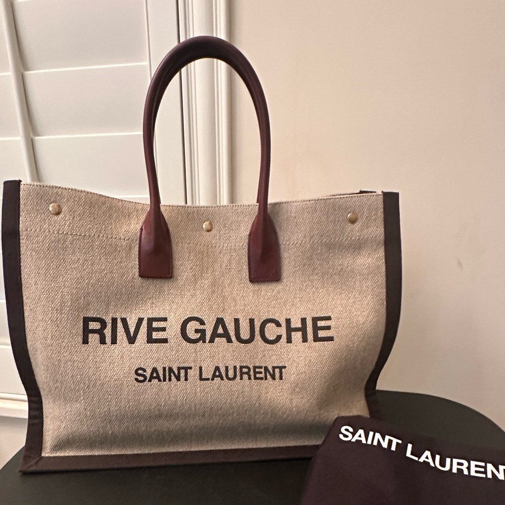 Authentic Saint Laurent Large River Gauche Natural Linen And Calfskin Tote.